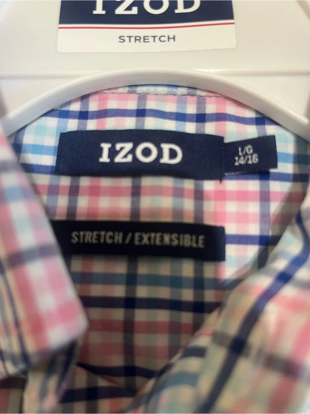 Izod Pink and Blue Plaid Stretch Button-Up Shirt with Blue Slacks